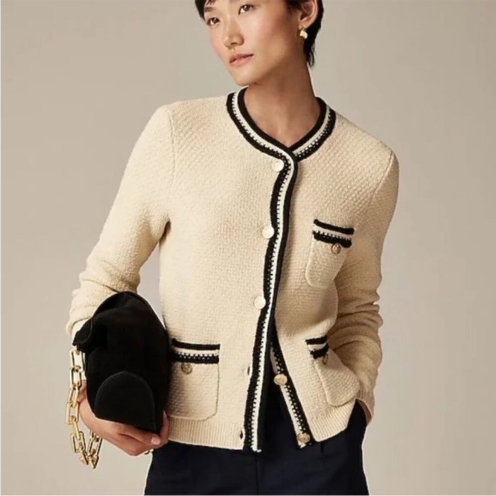 J. Crew Cream Bouclé Cardigan with Black Trim